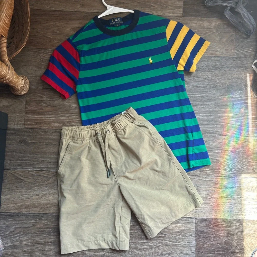 Polo Ralph Lauren Boys Striped T-Shirt and Khaki Shorts Set Multi Color Size S 8